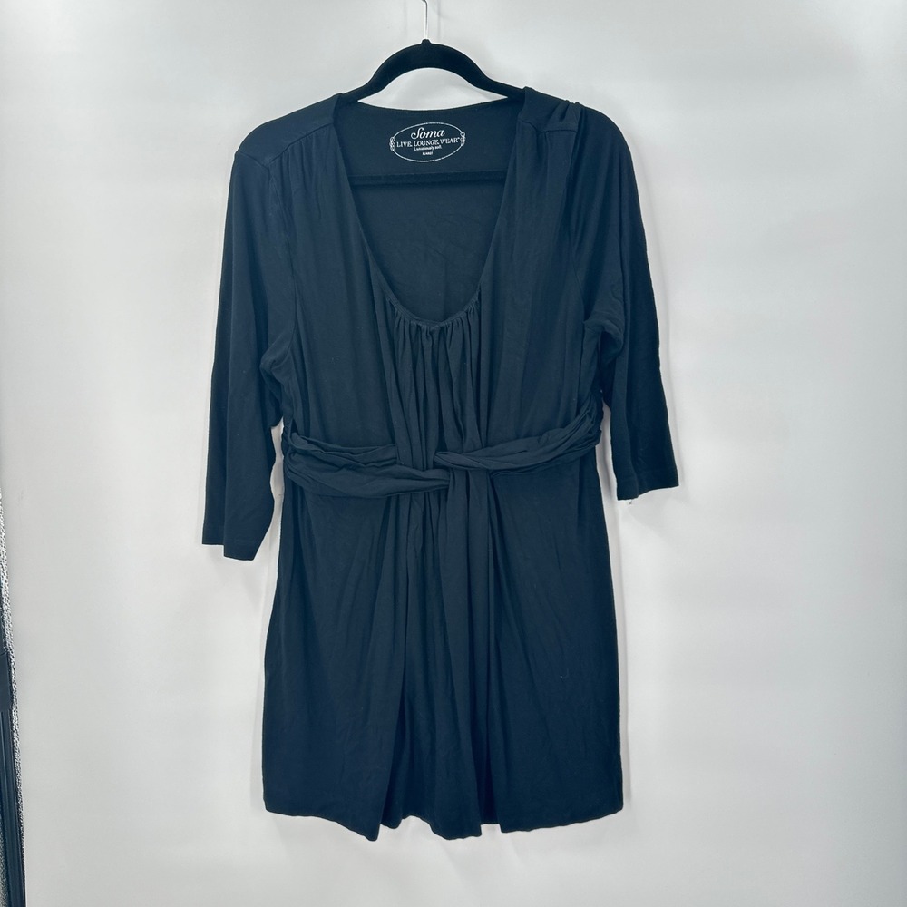 Soma Black Tunic Top XL Relaxed Fit 3/4 Sleeve Gathered Waist Dress Lounge
